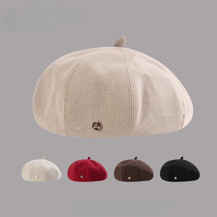 流行帽子|秋冬新款金屬標大頭圍帽子女文藝復古貝雷帽日系顯臉小八角畫家帽「C5463A」25.08-3