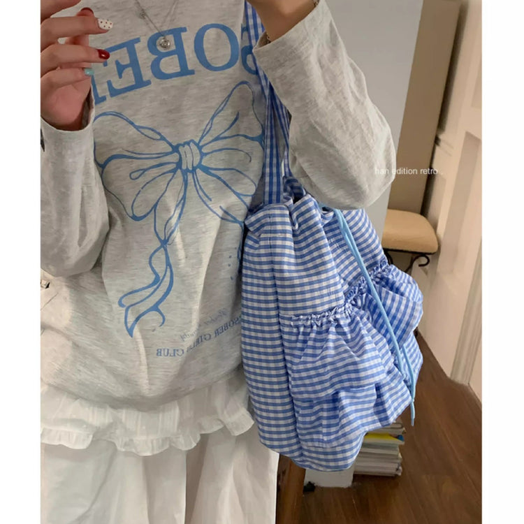 日韓流行 | 可愛學院風格子帆布包包女2025新款潮時尚韓國托特包大容量花邊包「9591#」25.04-4