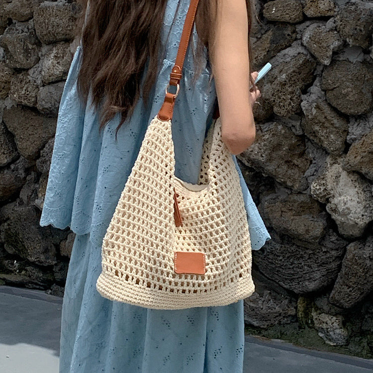 日韓流行 | 編織鏤空包女2025新款夏季海邊度假旅遊托特包包沙灘包單肩腋下包「L9008」25.06-4