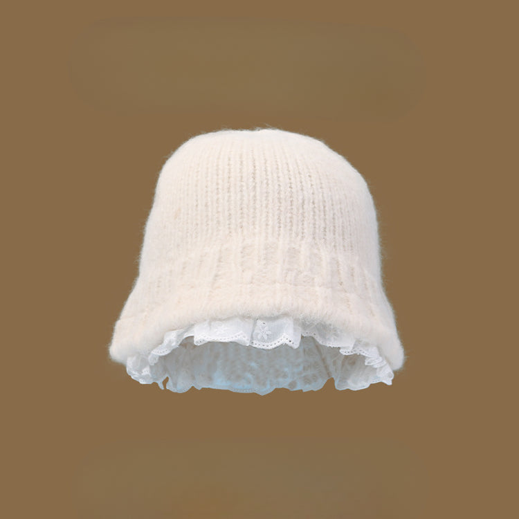 流行帽子|甜美純色白色花邊毛線帽女秋冬韓系保暖顯臉小盆帽針織毛線帽子女「C4628」24.10-3