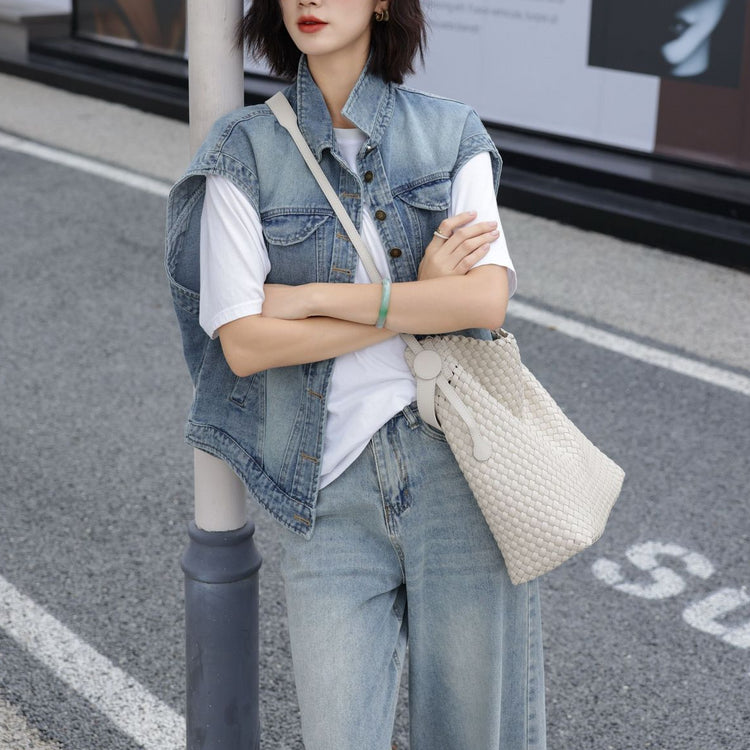 質感真皮|2024夏新款休閒編織菜籃水桶包小眾大容量單肩高級感簡約斜背包「6942」24.07-2