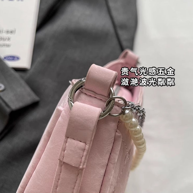 日韓流行 | 粉紅蝴蝶法國包女2025新款珍珠金屬鏈菱格腋下包休閒單肩斜背包「9332#」25.04-3
