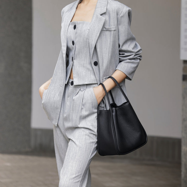 質感真皮|2024新小眾設計頭層牛皮菜籃子大容量通勤手提水桶包女包「6910」24.03-4