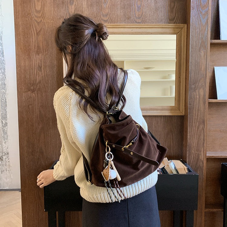 日韓流行|秋冬新款麂皮絨多功能背包大容量休閒單肩斜挎通勤托特包雙肩背包「D9047」25.11-4