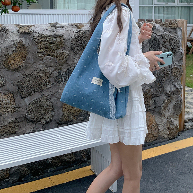 日韓流行|韓系牛仔藍色蝴蝶結帆布包包女款大容量慵懶鬆弛感通勤單肩托特包「M9009」25.06-4