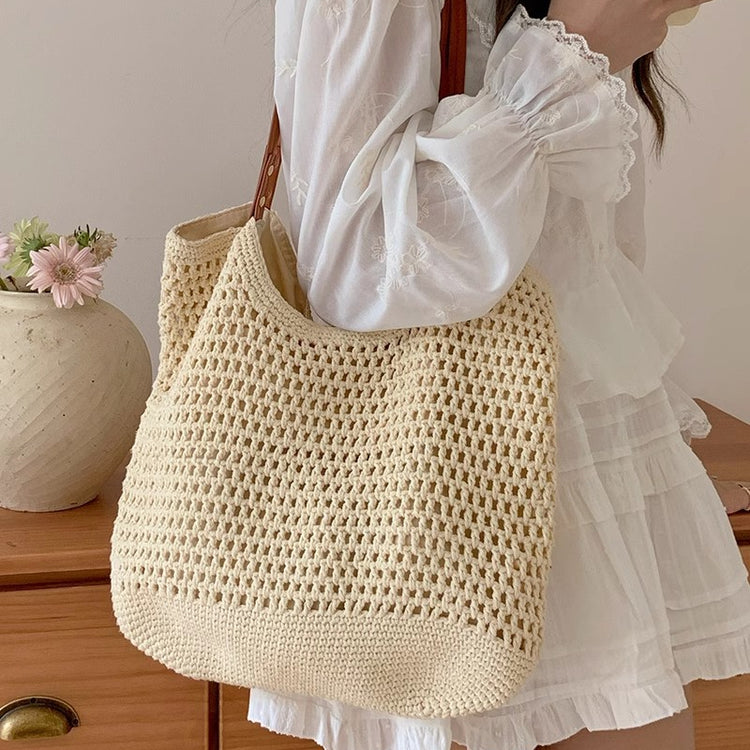 日韓流行|夏季編織包通勤草編托特大包女2024新款海邊沙灘包大容量單肩包「9389#」24.05-4