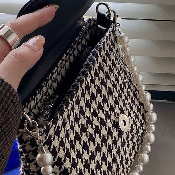 日韓流行|韓國2025年新珍珠手提包千鳥格撞色單肩腋下包百搭時尚鏈條斜背包「9592#」25.04-5