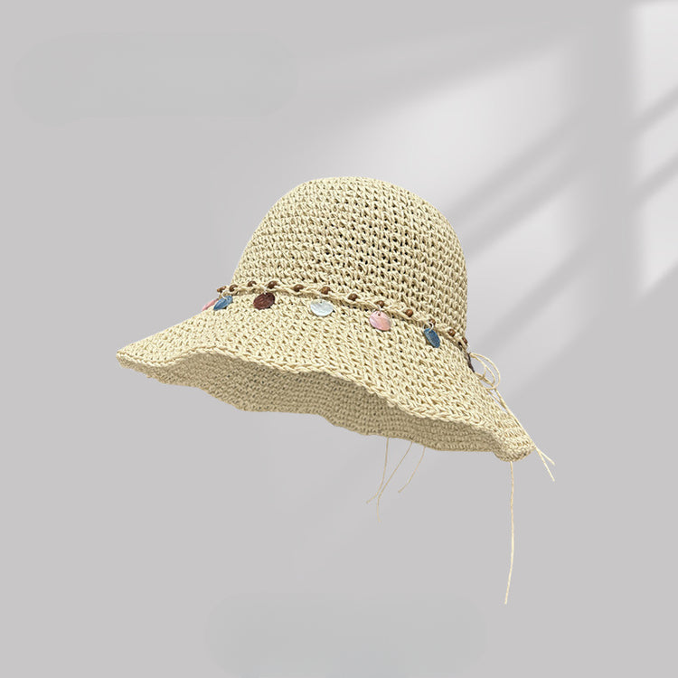 流行帽子|民族風貝殼裝飾鏤空草帽子女夏防曬透氣遮陽帽戶外出遊沙灘太陽帽「C5179」25.04-3