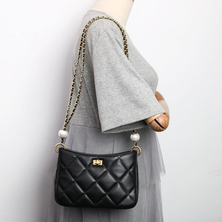 質感真皮|2024新款春夏小眾設計時尚珍珠鏈條包包女潮斜背包級質感肩小方包「8063#」24.05-1