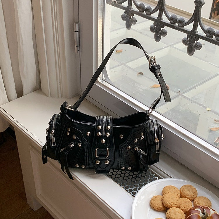 日韓流行|甜酷辣妹腋下包小眾設計感百搭重工機車包包復古通勤單肩斜挎包女「J9044」25.11-1