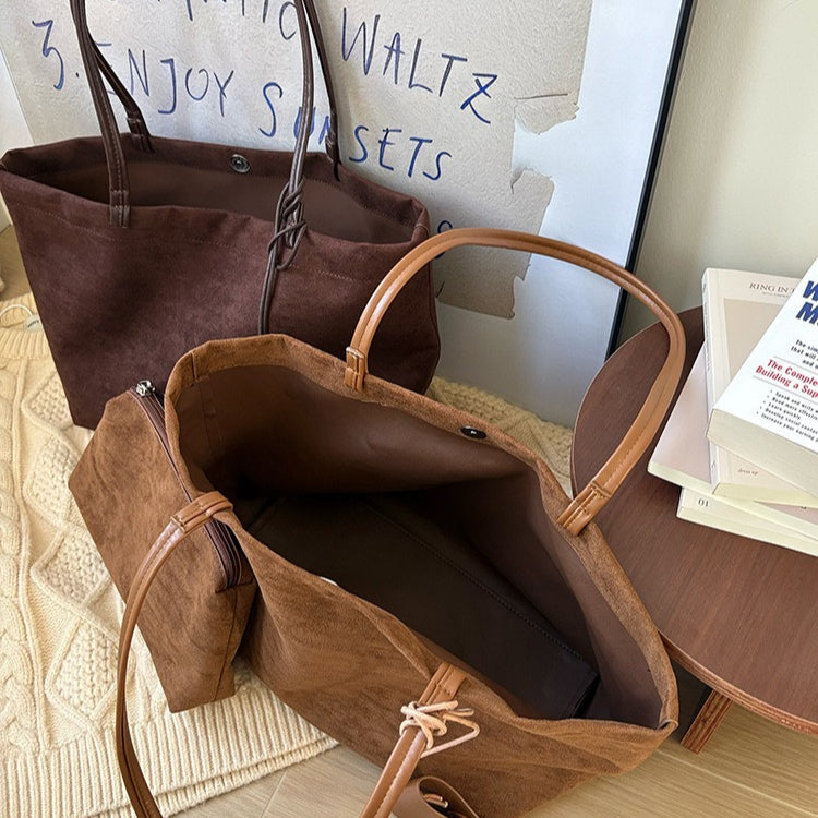 日韓流行|秋冬復古麂皮絨大容量包包新款女式休閒棕色托特包手提單肩通勤包「4F656」25.12-2