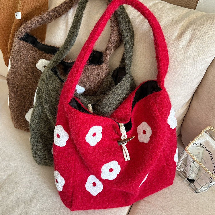 日韓流行|韓版毛絨花朵刺繡通勤水桶包秋冬新款小眾設計森系簡約毛呢托特包「B219」25.12-2