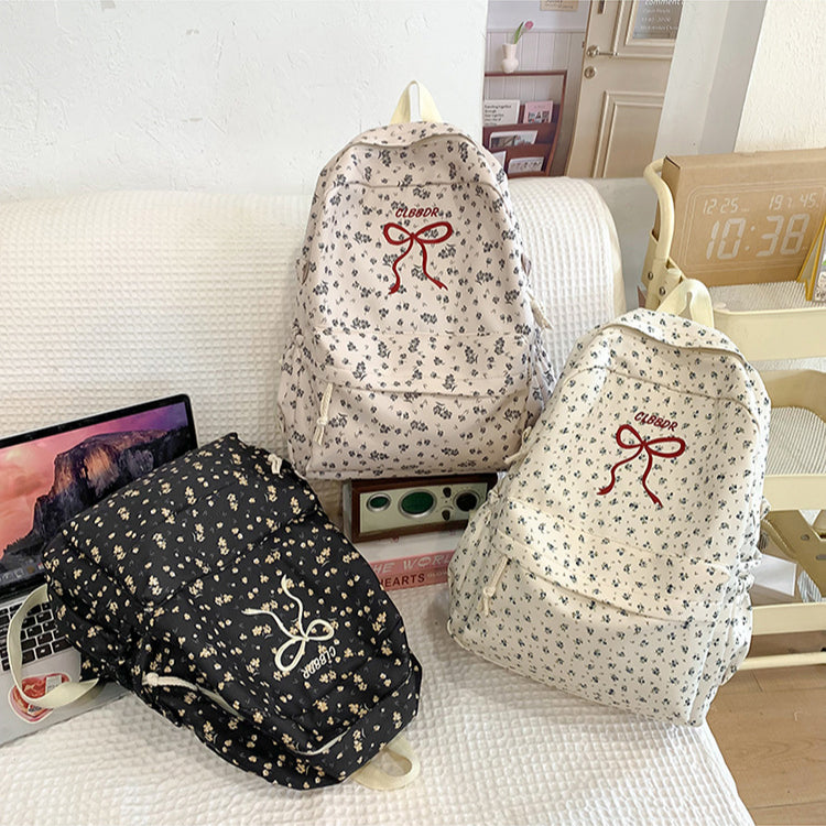 致青春 | 蝴蝶結刺繡小碎花雙肩包女時尚百搭設計感背包大容量少女學生書包「1863-126」25.03-1