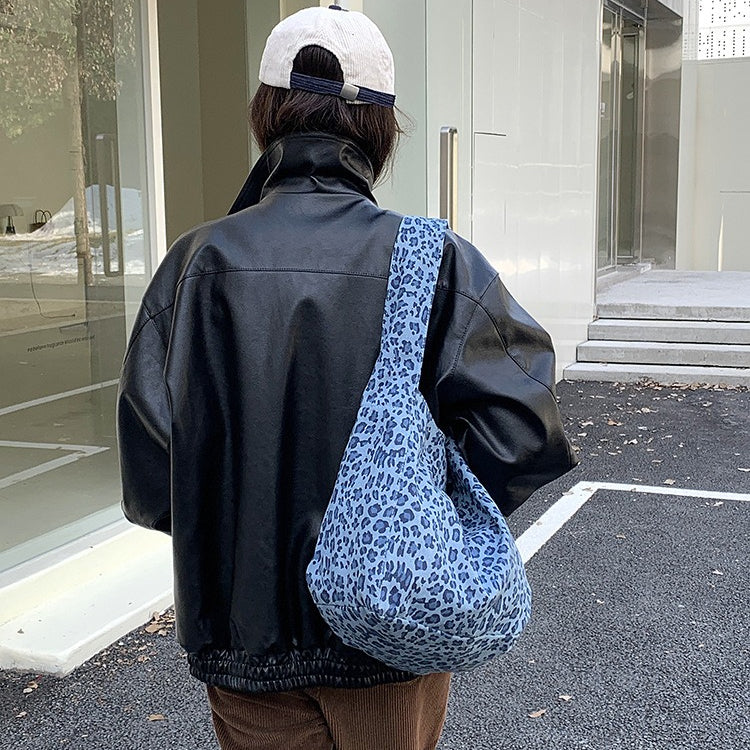 日韓流行|韓系ins復古豹紋帆布包時尚小眾百搭單肩腋下包大容量通勤托特包「H9039」25.09-5