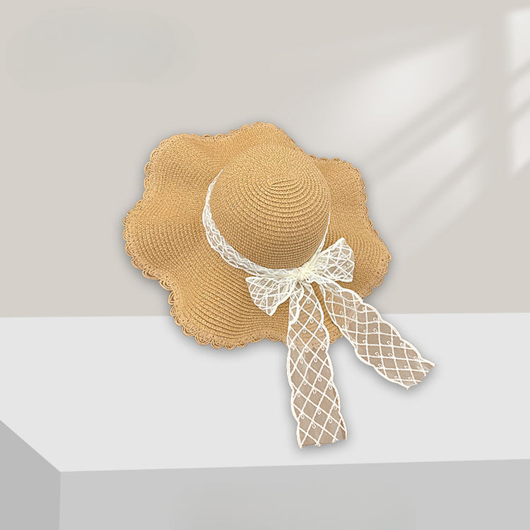 流行帽子|夏季防曬遮陽草帽子女法式波浪邊蝴蝶結海邊太陽帽大帽檐漁夫帽潮「C5272」25.05-3