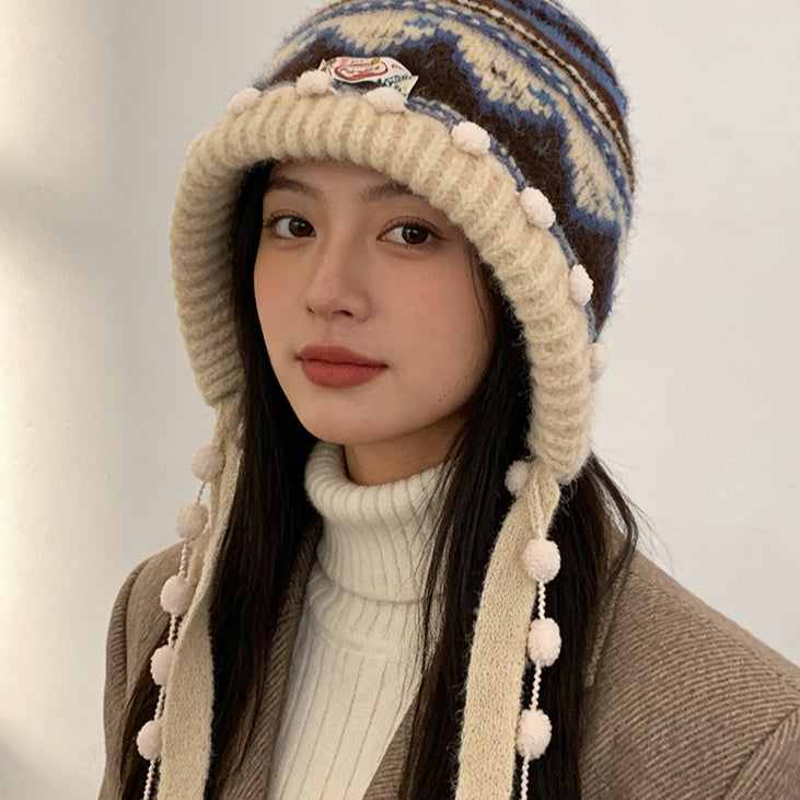 流行帽子|2025新款費爾島針織毛線帽子女秋冬保暖巴拉克拉法帽護耳包頭帽子「C5896」25.12-2