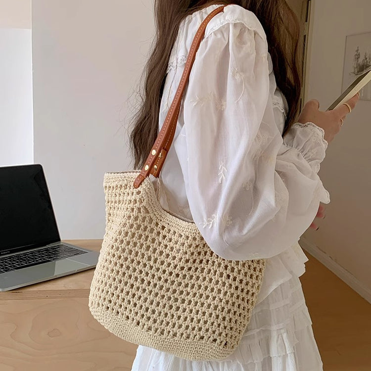 日韓流行|夏季編織包通勤草編托特大包女2024新款海邊沙灘包大容量單肩包「9389#」24.05-4