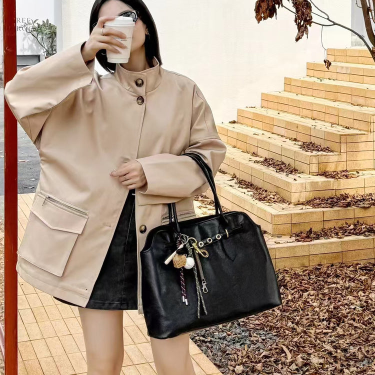 質感真皮|2024新款大容量腋下托特包ins網紅同款小眾復古百搭手提包高級感皮帶扣裝飾大包「8159」24.08-3