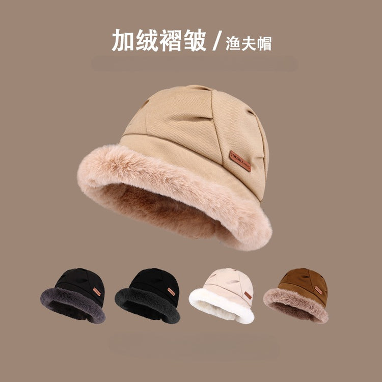 流行帽子|秋冬季帽子女保暖日系毛絨顯臉小簡約百搭布標ous加絨褶皺漁夫帽「C3401」24.11-4