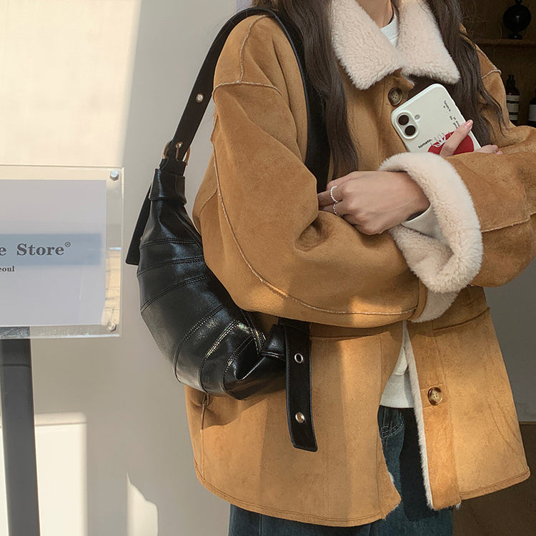 日韓流行|復古咖色牛角包包女腋下包秋冬2024新款時尚韓國百搭斜背包餃子包「D8947」24.12-4