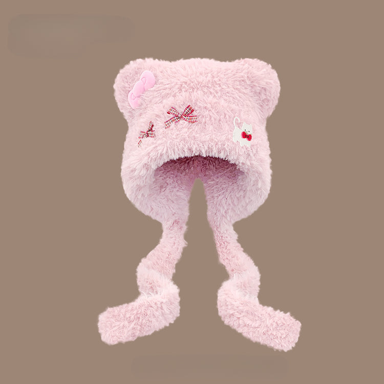 流行帽子|可愛小熊耳朵貓咪蝴蝶結帽子女秋冬加厚保暖毛絨帽護耳針織雷鋒帽「C5591」25.09-2