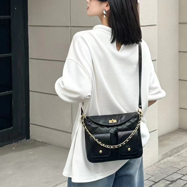 質感真皮|小香風菱格鏈條包頭層牛皮hobo鏈條腋下包郵差包口袋機車時尚百搭「3622」24.08-4