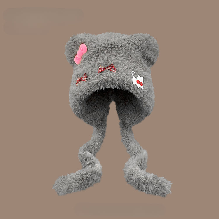 流行帽子|可愛小熊耳朵貓咪蝴蝶結帽子女秋冬加厚保暖毛絨帽護耳針織雷鋒帽「C5591」25.09-2