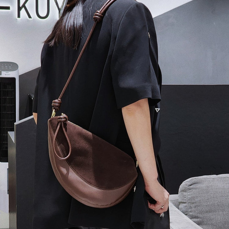 質感真皮|磨砂牛皮拼接羊皮月牙包女包2024新款真皮休閒斜背餃子包百搭單肩「3300-3#」24.10-2