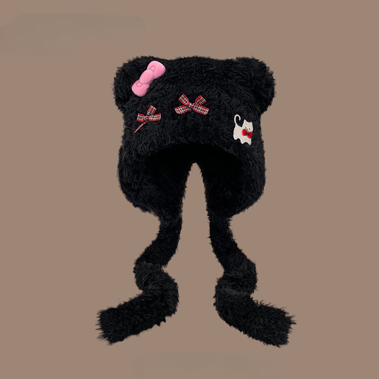 流行帽子|可愛小熊耳朵貓咪蝴蝶結帽子女秋冬加厚保暖毛絨帽護耳針織雷鋒帽「C5591」25.09-2