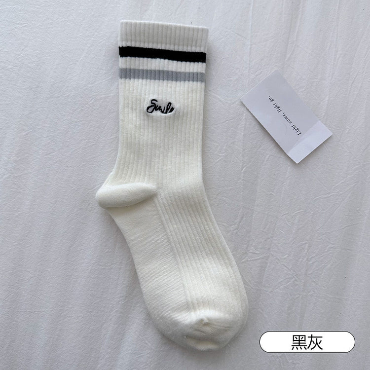 女襪|竪條紋顯瘦襪子女棉質吸汗透氣彈力中筒襪字母刺繡親膚舒適運動襪「MK5001」25.03-4