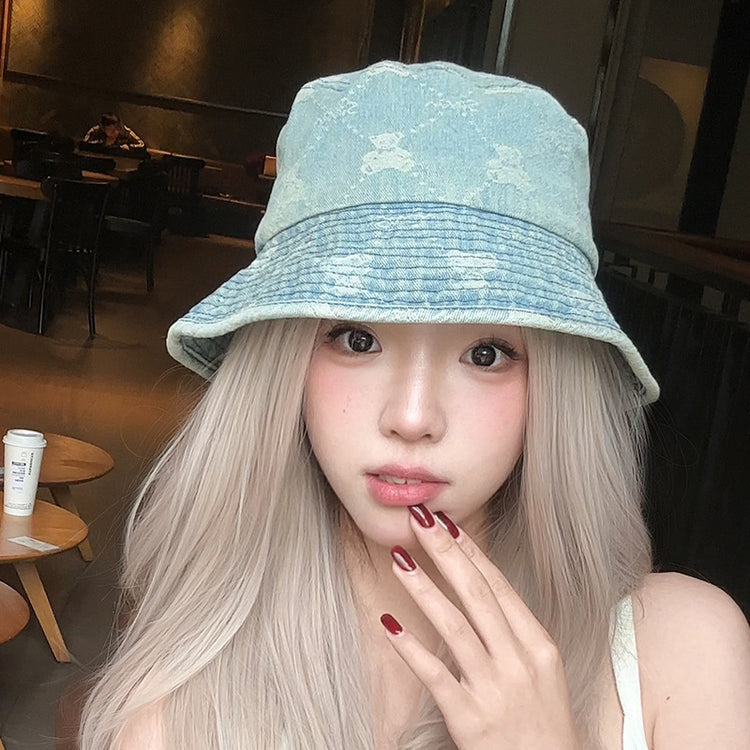 流行帽子|復古水洗牛仔漁夫帽女春夏百搭顯臉小戶外遮陽帽小熊可愛水桶盆帽「C4981」25.02-3
