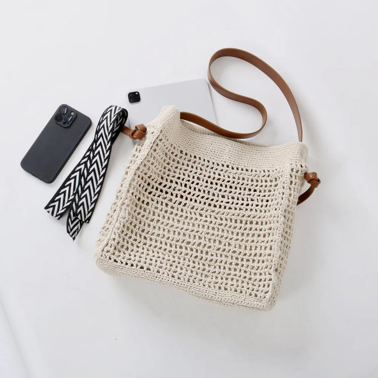 質感真皮|2025新款蠟繩編織托特大容量斜背包頭層牛皮沙灘度假通勤包ins女「3853」25.04-5