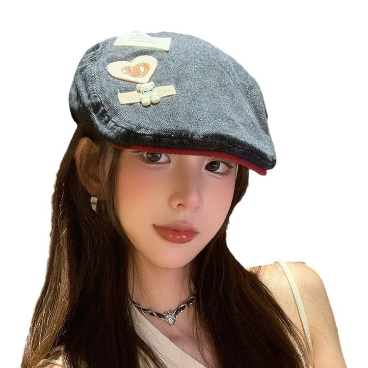 流行帽子|日系復古愛心小熊牛仔拼色檐帽子ins秋季新品可百搭愛甜美前進帽「C4457」24.09-3