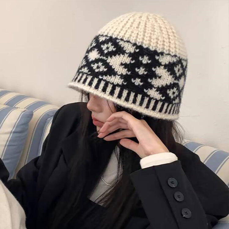 流行帽子|提花格紋針織帽女復古秋冬保暖顯臉小毛線帽撞色小眾學生護耳帽子「C4856」24.11-4
