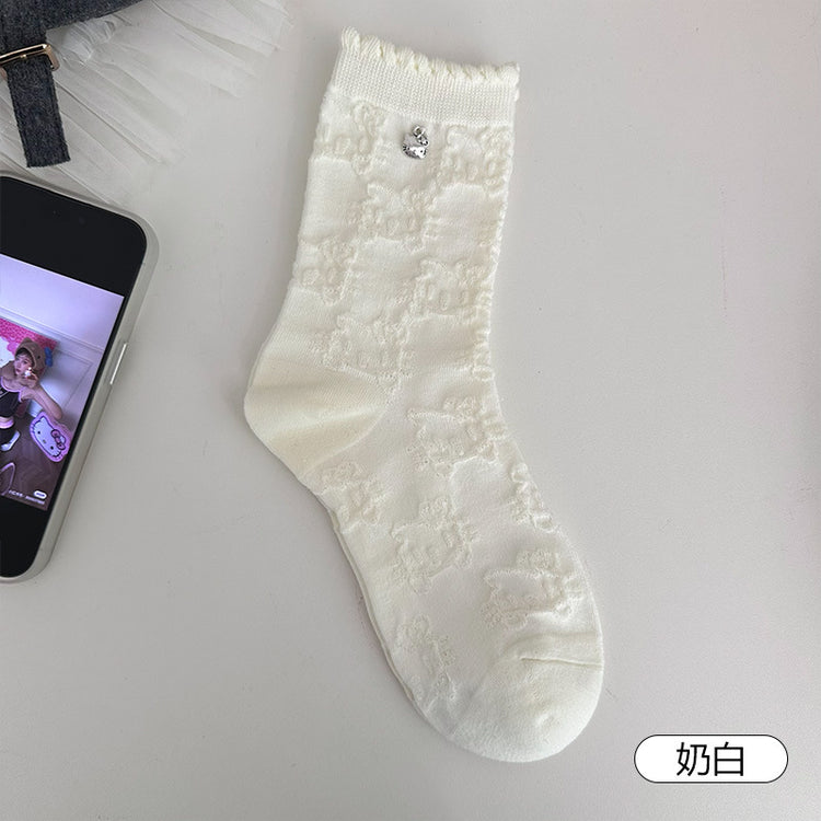 女襪|花邊襪子女暗紋貓咪萌趣好搭彈力中筒襪金屬標吸汗透氣襪子「D2536」25.10-2