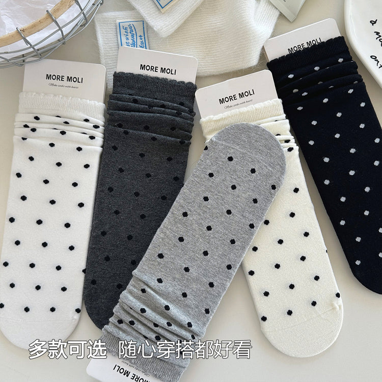 女襪|復古波點襪子女彈力花邊親膚舒適中筒襪棉質吸汗透氣堆堆襪「YJ24136」25.09-1