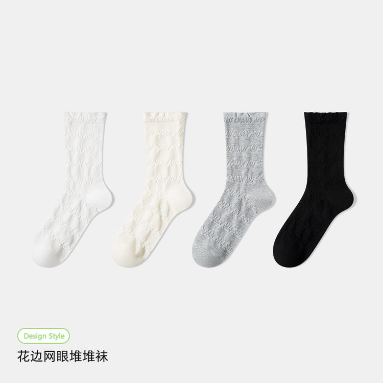 女襪|花邊網眼襪子女夏季薄款鏤空輕薄透氣堆堆襪棉質吸濕透氣中筒襪「S5006」25.02-3