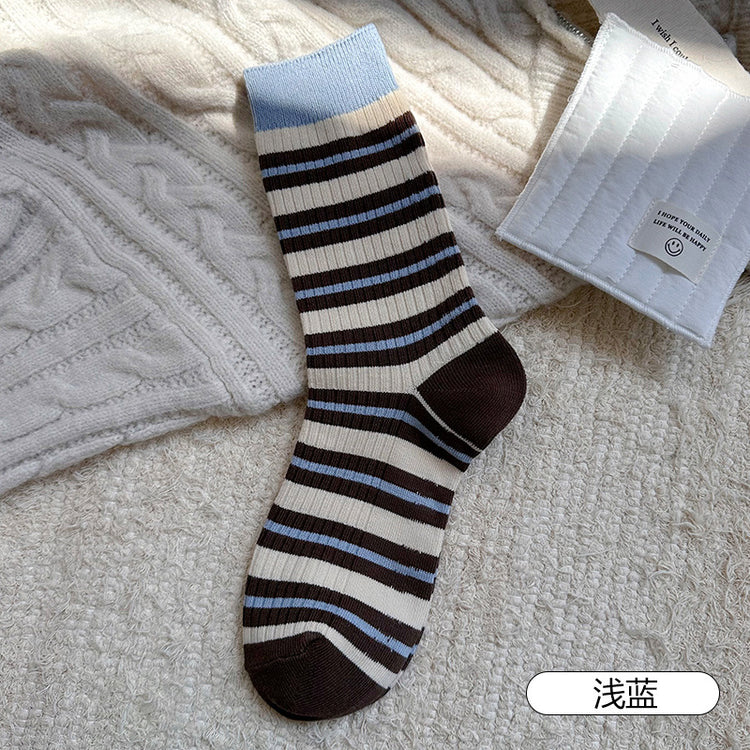 女襪|撞色條紋襪子女棉質吸汗透氣彈力中筒襪親膚舒適ins潮休閒堆堆襪「MK4150」25.09-1