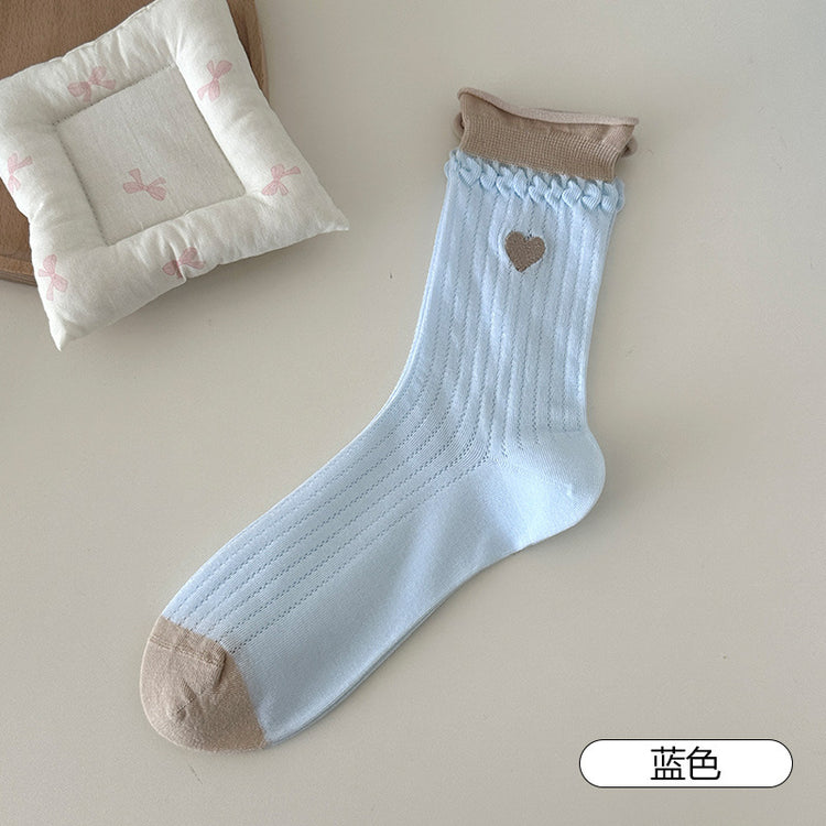 女襪|卷邊襪子女撞色雙羅口刺繡愛心中筒襪棉質吸汗透氣ins潮堆堆襪「TM7555」25.04-5