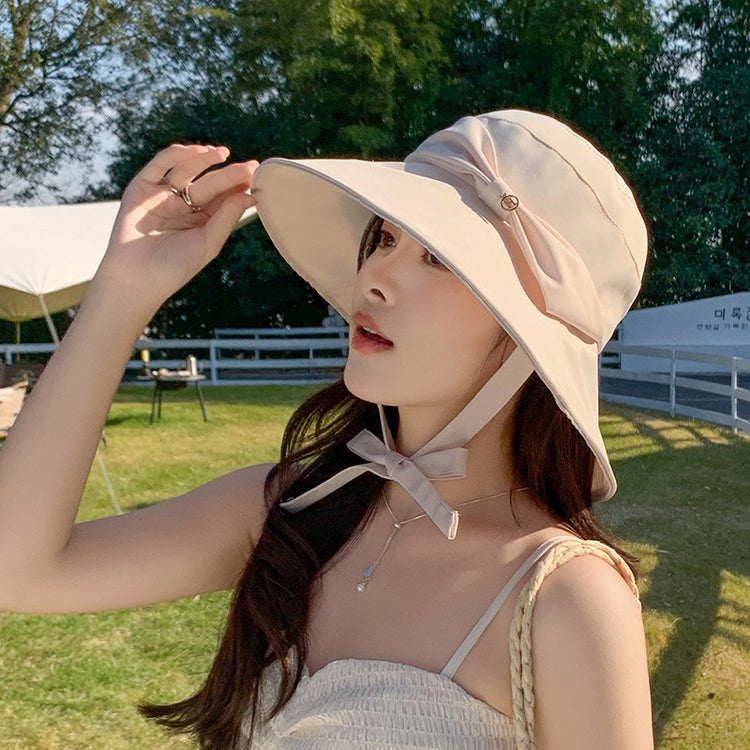 流行帽子|新款漁夫帽子女綁帶蝴蝶結顯臉小防曬遮陽帽夏季大帽檐百搭太陽帽「C5147」25.04-1