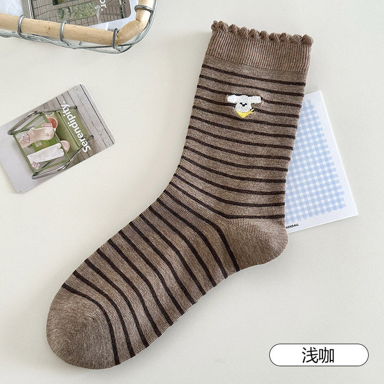 女襪|10A抑菌襪子女ins潮學院風卡通刺繡運動襪棉質吸汗透氣諸暨襪子「MK5138」25.08-1