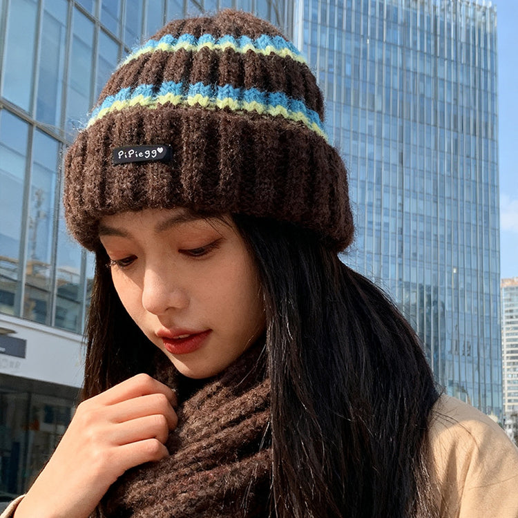 流行帽子|條紋針織帽子女秋冬新款保暖毛線帽護耳大頭圍冷帽防寒包頭帽男潮「C5705」25.10-3