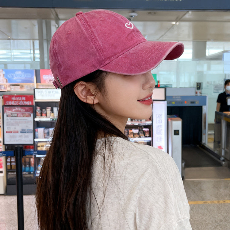 流行帽子|外貿跨境水洗做舊軟頂帽子女愛心刺繡鴨舌帽新款棒球帽男遮陽帽潮「C2506」25.09-3