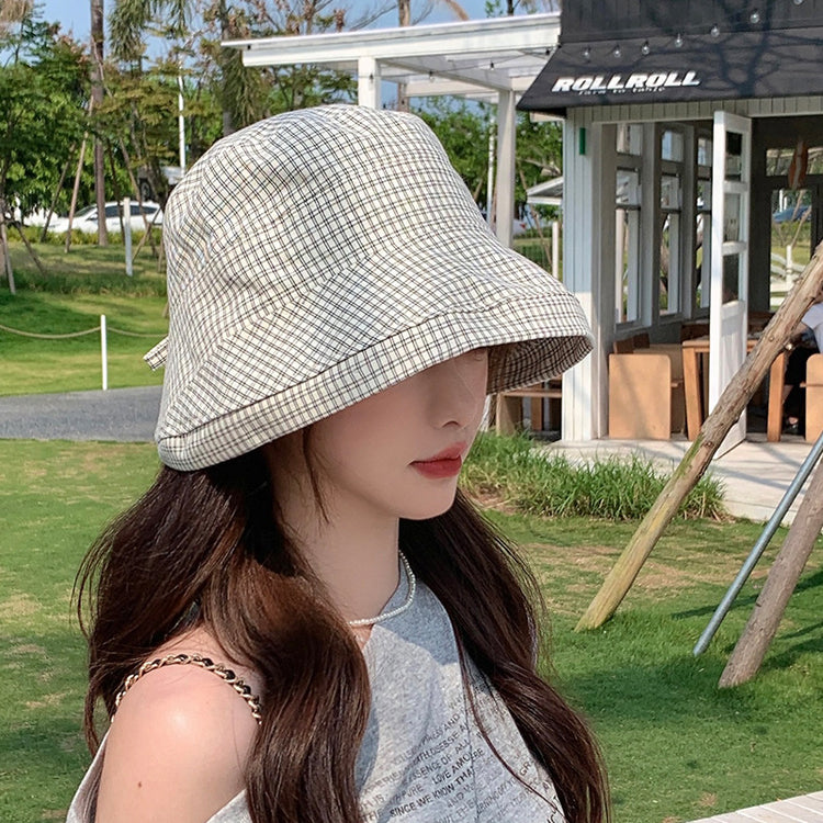 流行帽子|夏季新款格子帽子女蝴蝶結綁帶漁夫帽韓系百搭顯臉小防曬遮陽帽潮「C5262」25.05-2