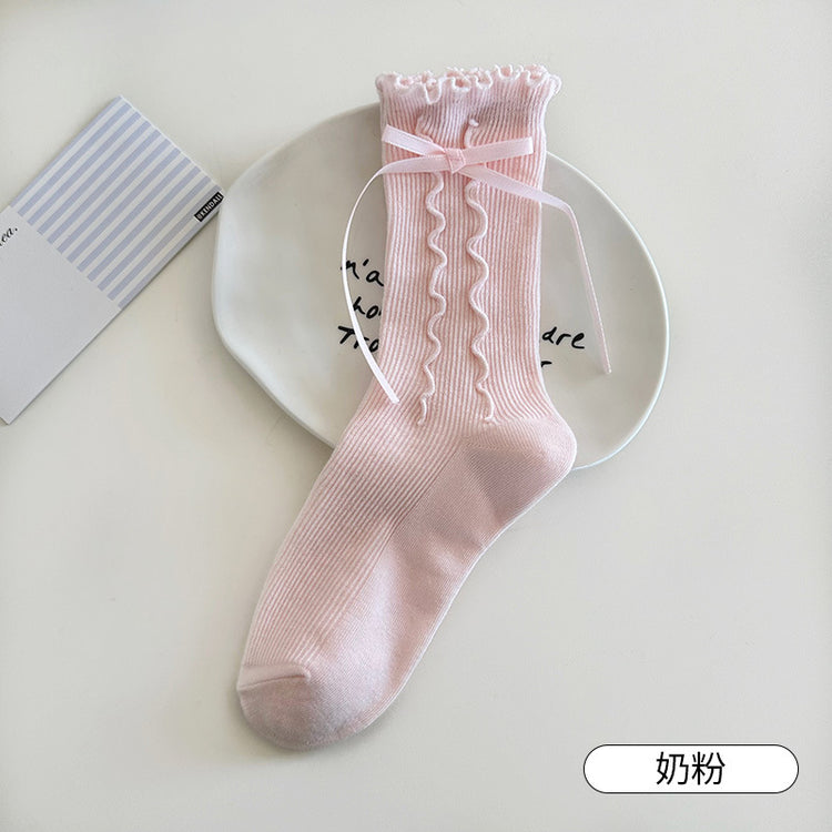女襪|miu系蝴蝶結襪子女棉質吸汗透氣彈力中筒襪親膚舒適木耳邊堆堆襪「CX673」25.08-4