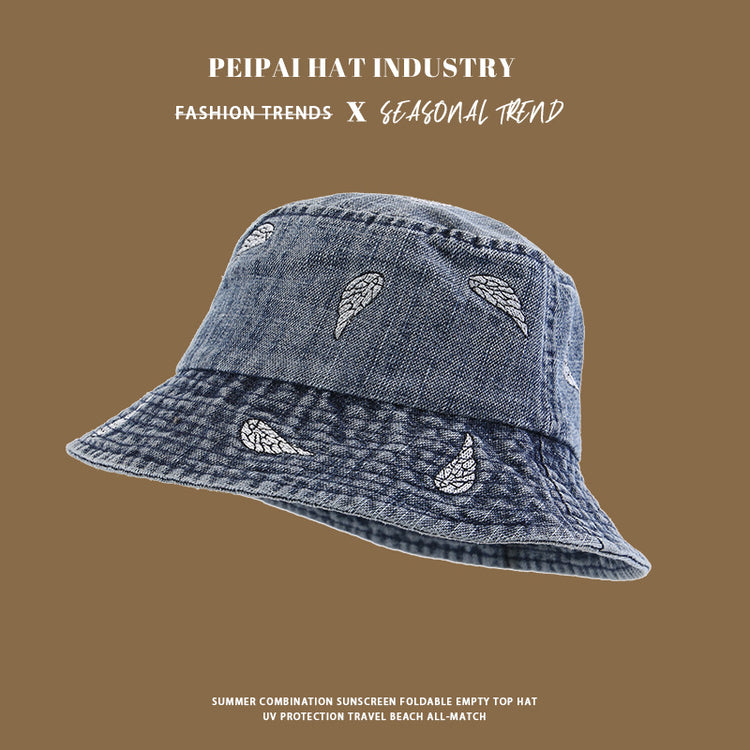流行帽子|韓版葉子刺繡牛仔漁夫帽子女春秋水洗復古戶外百搭遮陽小檐水桶帽「C4961」25.03-1