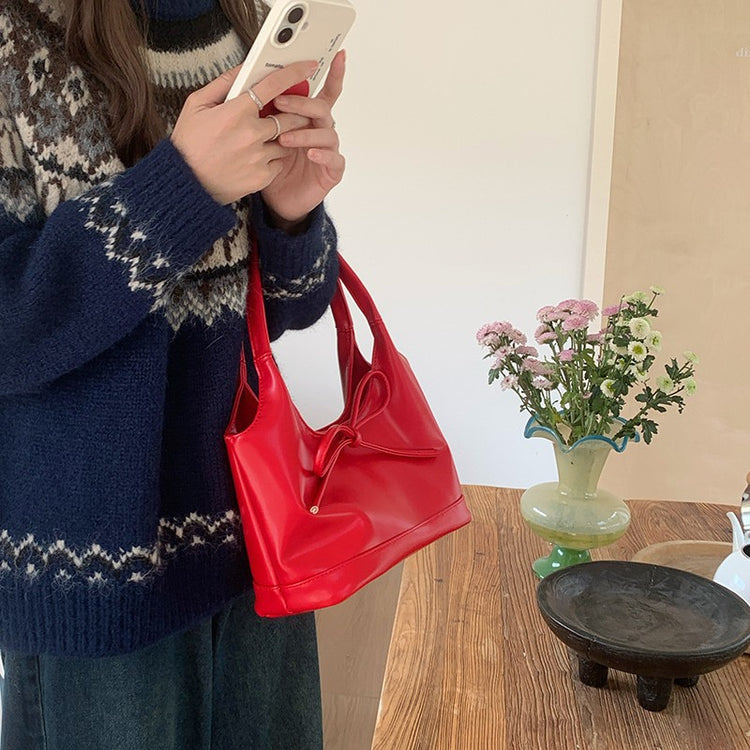 日韓流行|聖誕節復古蝴蝶結通勤百搭手提包新年紅色女秋冬大容量單肩腋下包「A8944」24.12-3