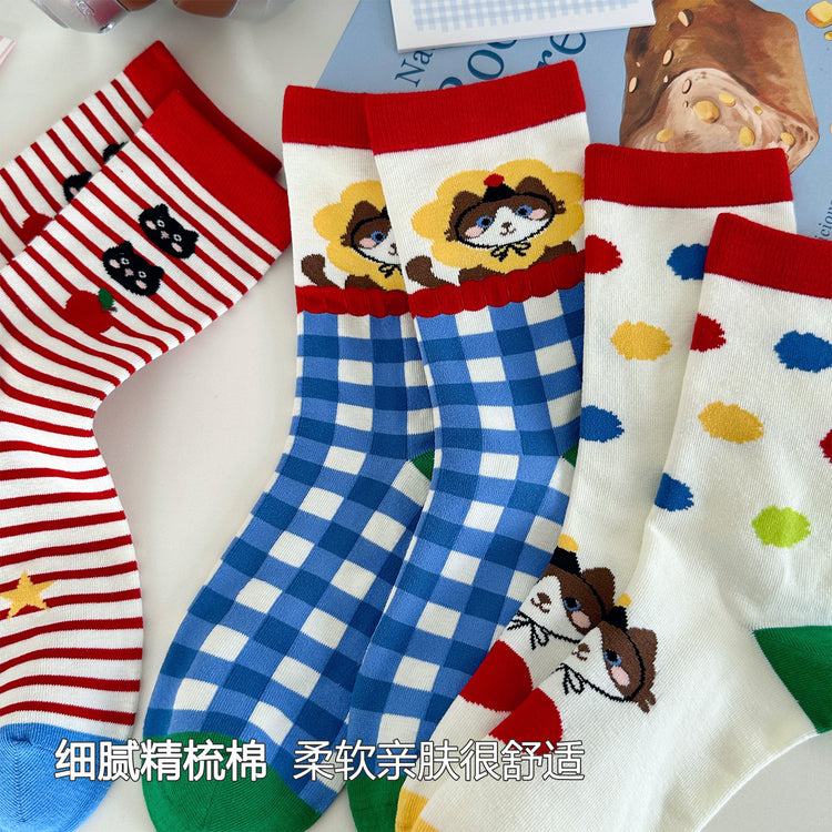 女襪|卡通圖案襪子女棉質吸汗透氣彈力中筒襪多巴胺親膚舒適襪子「MK5126」25.08-2