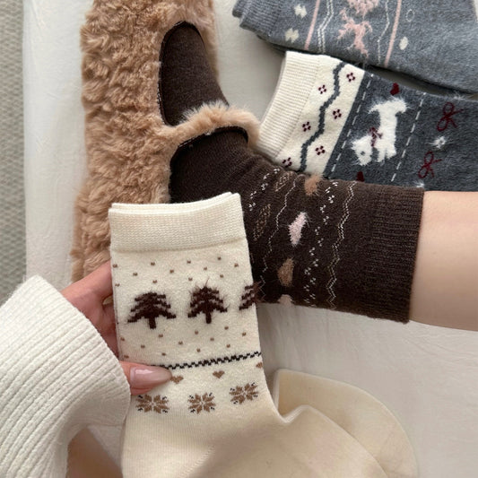 女襪|襪子女士復古費爾島加厚保暖羊毛襪ins通勤簡約彈力中筒襪「DMS5053」25.11-4