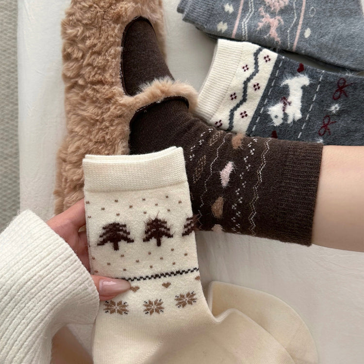 女襪|襪子女士復古費爾島加厚保暖羊毛襪ins通勤簡約彈力中筒襪「DMS5053」25.11-4